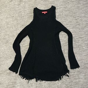 Saks Fifth Avenue Black Sweater with open shoulder and frayed hem